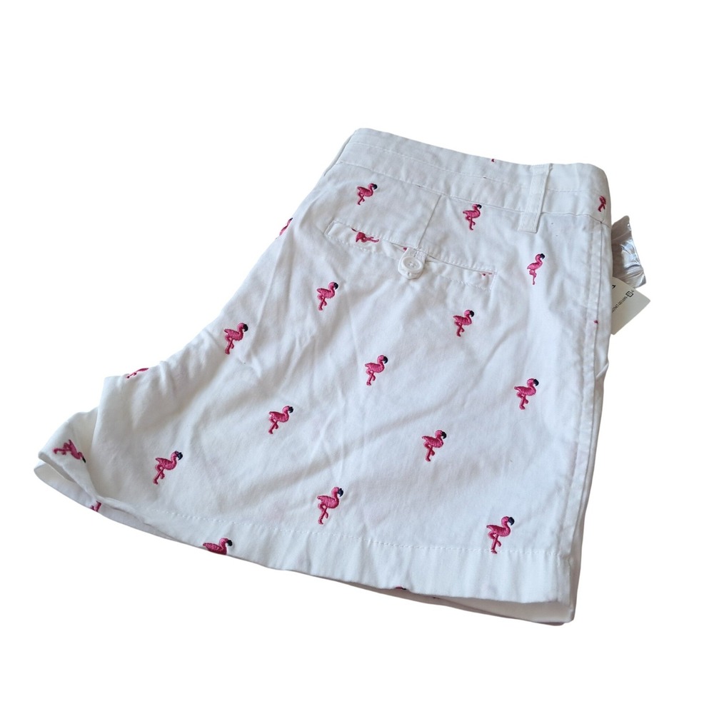 British Khaki Women White Flamingo Shorts Embroidered US Size 6 Cotton Spandex - Picture 6 of 7